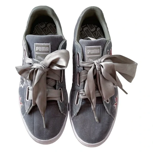 PUMA Embroidered Sneakers “Basket Heart Hyper” Ribbon Laces Women’s Size 9 - Picture 3 of 16